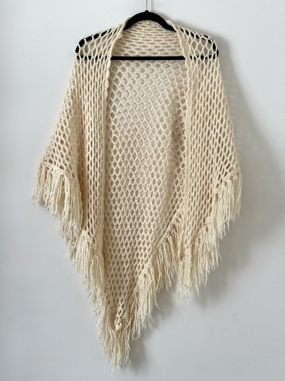 SOLD ~ Hand Knit Butter Yellow / Cream Crochet Fringe Triangle Shawl Wrap